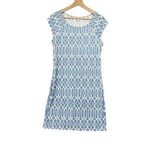 Jean-Pierre Klifa Shift Dress Women White Blue Stretch Size Medium Short Sleeve